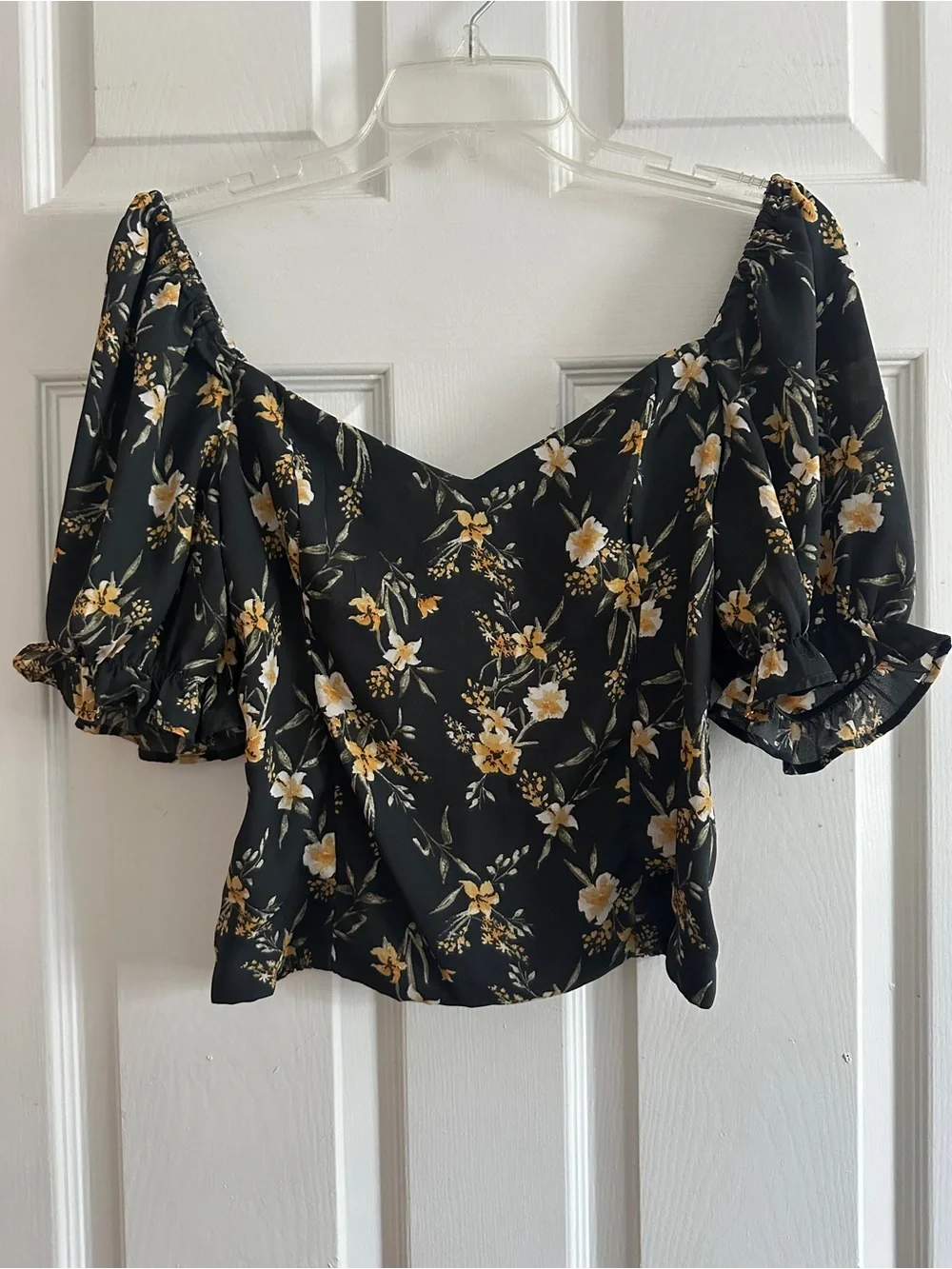 Abercrombie & Fitch Black Floral Puff Sleeve Top with Yellow Accents